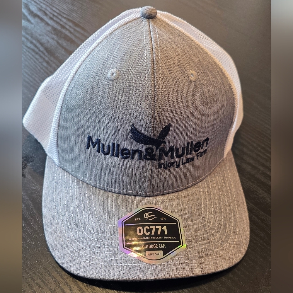 Gray and White Mullen & Mullen Trucker Cap